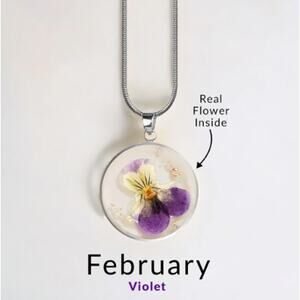 Mint & Lilly Pressed Birth Flower Necklace*February*Violet*Silver